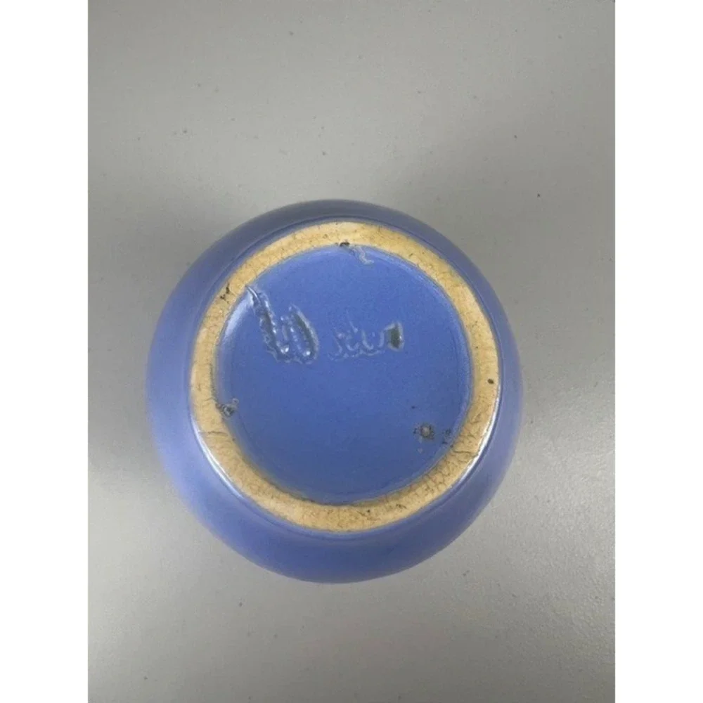 WELLER‎ Pottery Blue Glazed Double Scroll Handle Bud Vase Signed Vintage 6 Inch